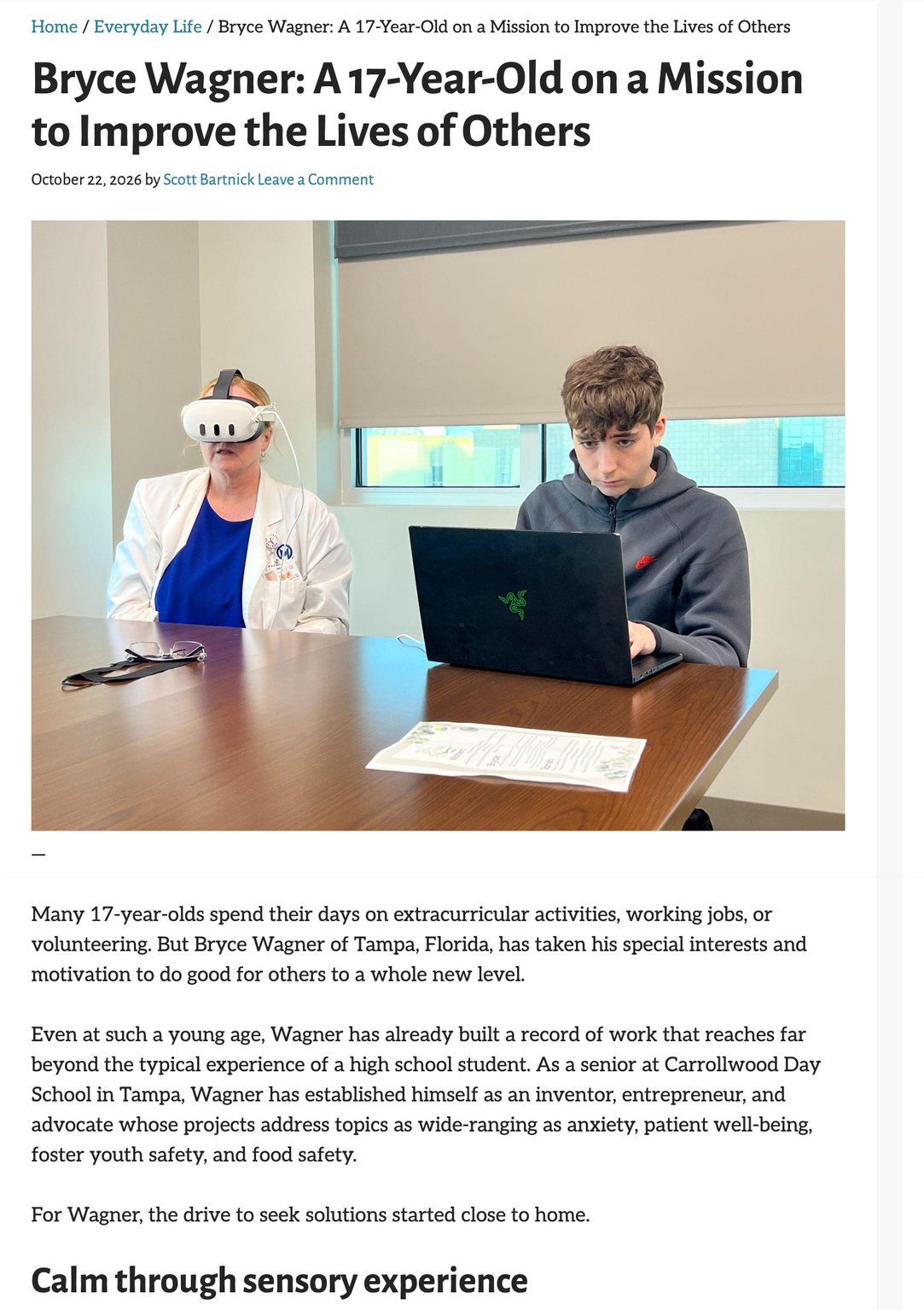 Page 1. Bryce Wagner: A 17-Year-Old on a Mission to Improve the Lives of Others.